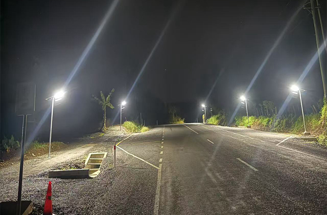 Lampioni stradali solari all-in-one Anern SLZ‑60W con pali nel progetto di illuminazione della strada costiera delle Samoa
